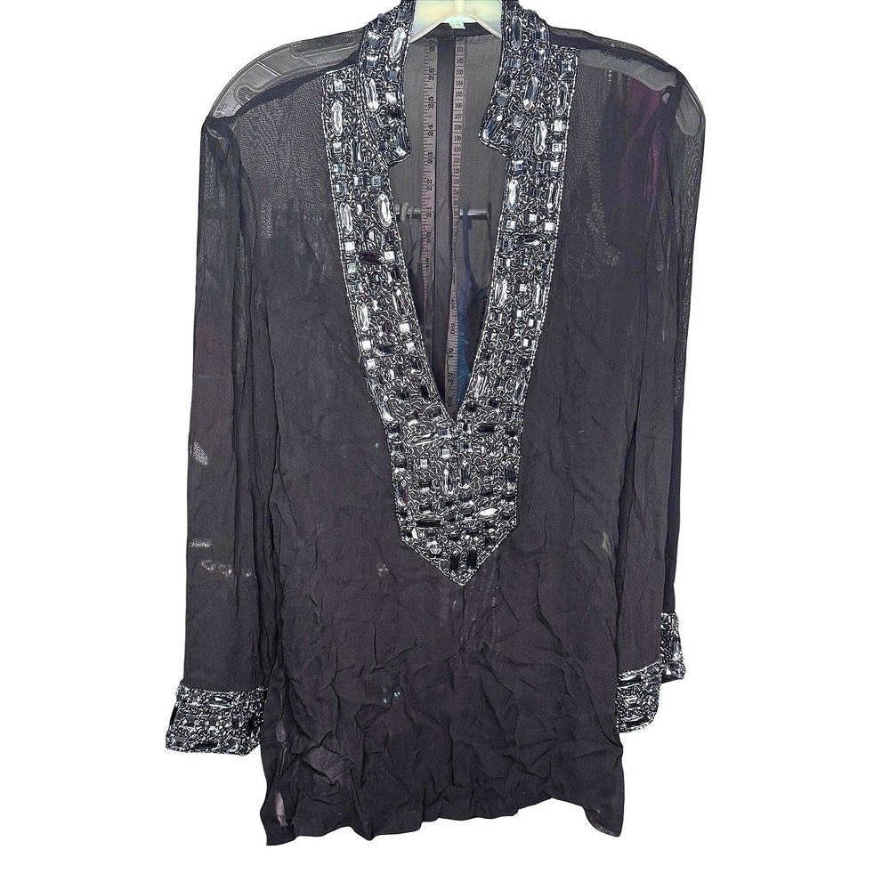 Kareenas Black 100% Silk Beaded Sheer Tunic Top Deep V-Neck Crystal Cuffs Small‎